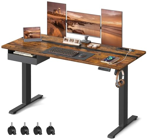 VASAGLE Höhenverstellbarer Schreibtisch elektrisch, mit Steckdose und Schublade, 60 x 140 cm Tischoberfläche, stufenlos verstellbar, Memory-Funktion mit 4 Höhen, vintagebraun-schwarz LSD114X01