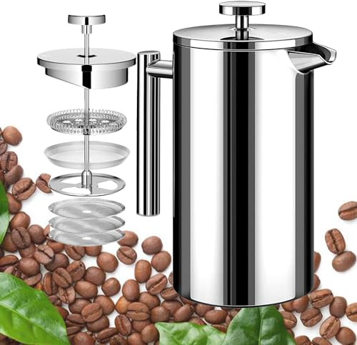 Wrobic Kaffeebereiter French Press 1,5 Liter Kaffeezubereiter aus Edelstahl, Doppelwandig Isoliert French Press Caffettiera Kaffeekanne mit 3 Extra Sieben (silver, 1500ml, 6-8 Tassen)