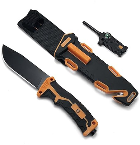 bhkz Outdoormesser mit Kompass und Mini-Taschenlampe, Orange | Orangefarbene Kontrastdetails, profilierter 13,5-cm-Griff, 11-cm-Klinge aus 5Cr-Edelstahl, Scheide und Zubehör