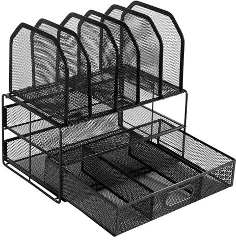 Amazon Basics Schreibtisch-Organizer aus Metallgeflecht, mit Schublade, doppelter Ablage und 5 senkrechten Bereichen, schwarz