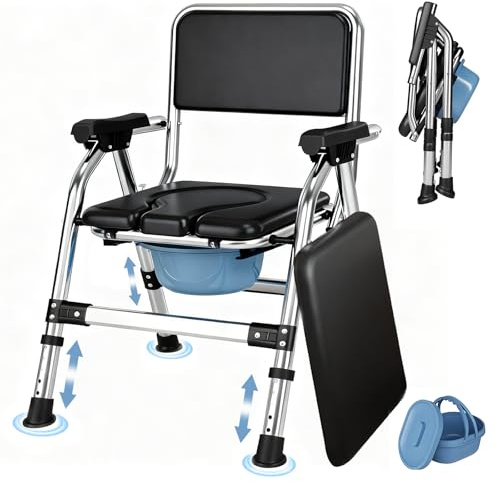 HAIORJUN Klappbarer Toilettenstuhl, Höhenverstellbarer Nachtstuhl mit Gepolstertem Sitz, Tragbarer Toilettenstuhl mit Herausnehmbarem Eimer und Deckel für Schlafzimmer und Zuhause, Schwarz