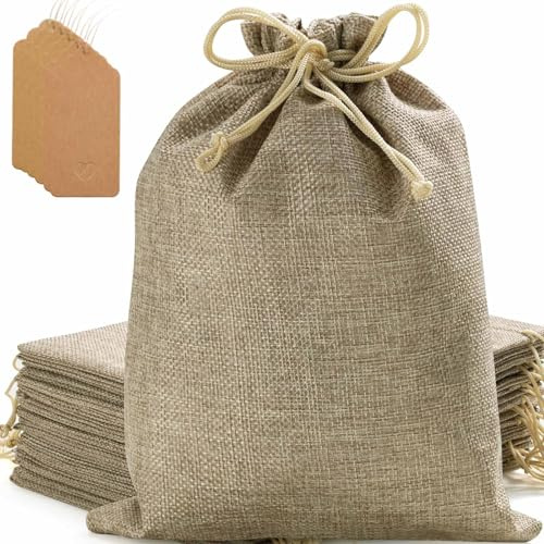 Homum 30x40 cm Sackleinen Geschenk Beutel mit Kordelzug und Geschenkanhängern & Schnur, Partygeschenkbeutel, Sackleinenbeutel Leinen Schmuckbeutel, Jutesäckchen für Partys, Hochzeiten