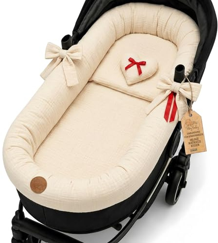 Stubenwagen Umrandung aus Musselin Baumwolle – Nestchen für Babywanne Kinderwagen und Buggy Atmungsaktiv – Schonbezug Set 3-teilig mit Kissen und Einlage für Neugeborene Hellbeige