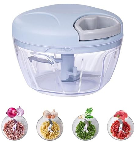 Gemüseschneider, 500ml Zwiebelschneider Manuell, Zwiebel Zerkleinerer mit Seilzug, Multizerkleinerer mit 3 Edelstahlklingen, Zerkleinerer Küche für Gemüse Knoblauch Zwiebeln