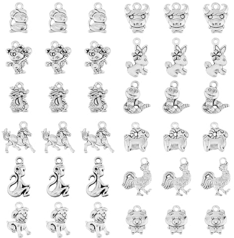 SUPERFINDINGS 96 Stück 12 Stile Tibetischer Stil Legierungsanhänger 12 chinesische Sternzeichen Anhänger Tierthema Metallanhänger Für Die Schmuckherstellung Loch 2mm