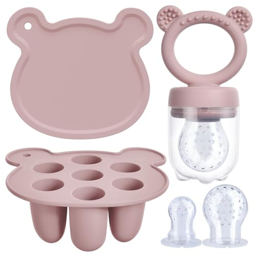 Aolso Silikon Fruchtsauger Baby, Babynahrung Aufbewahrungsbehälter, Silicone Feeder Einfrieren Behälter Set, Lindern Des Zahnens, Selbstfütterung Zum Obst, Muttermilch, inklusive 3 Schnullern (Rosa)