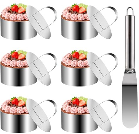 6 Stk Dessertringe und Speiseringe Set, Edelstahl Servierringe Tortenringe Backringe, Anrichteringe Anrichtringe für Tartelette Kuchenringe Backformen, Ø 7.5 cm/Höhe 4 cm, mit Heber + 1 Tortenspatel