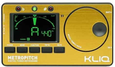 KLIQ MetroPitch - Metronom Tuner für alle Instrumente - mit Gitarre, Bass, Violine, Ukulele und chromatischem Stimmmodus - Tongenerator - inklusive Tragetasche - Gold