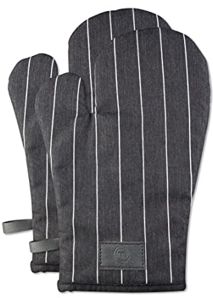 Masterchef Topflappen Handschuh Ofenhandschuhe Hitzebestaendig, 100% Baumwolle, Backofenhandschuhe Perfekt zum Kochen, Backen, mit Aufhängeschlaufe & Logo aus Veganem Leder, Schwarz/Weiß, Wolle