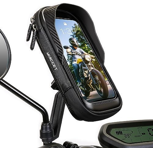 WACCET Handyhalterung Motorrad Wasserdicht, Motor Halterung 360° Drehbarer Handyhalter für Motorrad Spiegel mit Sonnenblende Touch ID Roller Handyhalterung für Smartphone is zu 7,2 (Schwarz)