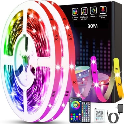 Tenmiro LED Strip 30m, RGB LED Streifen Musik Sync Selbstklebend Led Lichterkette mit Fernbedienung und APP, Dimmbar Farbwechselnd Timer Led Band für Gaming,Party,Zimmer Deko(2×15m)