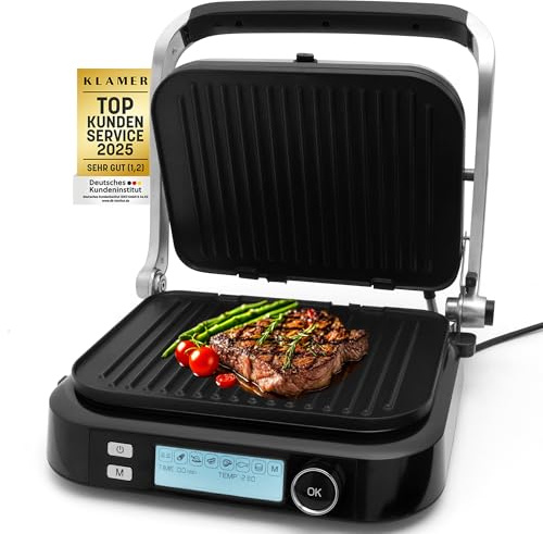 KLAMER Kontaktgrill 2100 W – elektrischer Tischgrill mit 7 Automatikprogrammen, abnehmbaren Platten, Antihaftbeschichtung, einstellbarer Temperatur 70–230 °C, Cool-Touch-Griff, Edelstahl & Schwarz