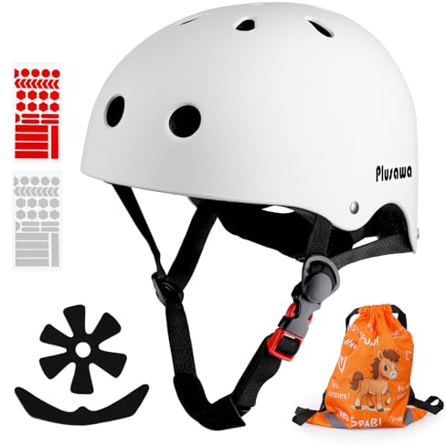 Kinder Fahrradhelm EN1078 CE Certified, Verstellbarer Kinnriemen, 3D DIY & Reflektierende Aufkleber, Sporthelm für Roller & Inlineskates, Unisex für Jungen und Mädchen (Weiß, M)