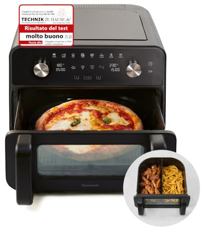 Panasonic NF-BC1000 Flex Air Fryer mit Sichtfenster, XL Flexibler Garkorb, Herausnehmbarer Trennsteg für 2 Garzonen, 9,6 Liter, 30–230 °C, Schondampf, 8 Voreinstellungen, leicht zu reinigen, Schwarz
