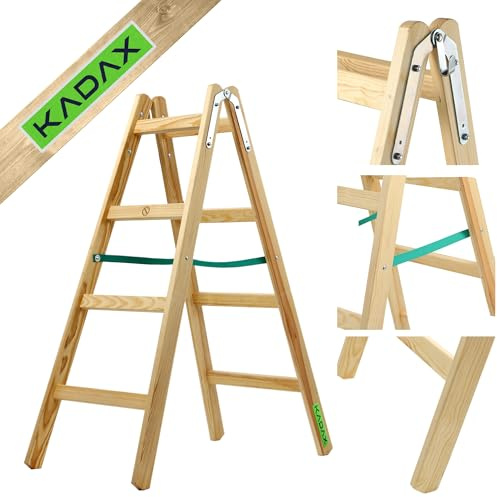 KADAX Holzleiter, Bockleiter bis 150 kg, klappbare Malerleiter, Doppelstufenleiter mit Stahlhaken, Elektrikerleiter, Stehleiter, Haushaltsleiter (4 Stufen)