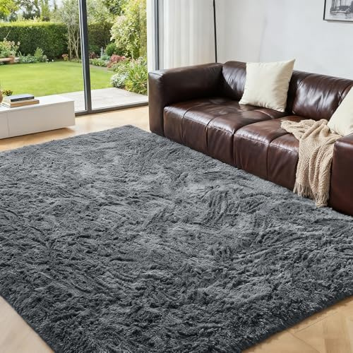 OMERAI Grau Hochflor Flauschig Teppich - Weich Teppiche Wohnzimmer | 150X240CM Waschbar Teppich Fellteppich Kunstfell Wohnzimmer Kinderzimmer Anti-Rutsch Unterseite Shaggy Carpet