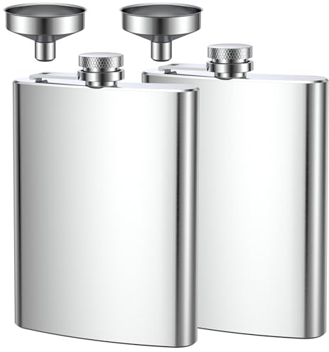 2 pcs Flachmann Edelstahl, Flachmann Set aus Edelstahl, Aus 304 Edelstahl, für Whiskey, Rum, Wodka, Geeignet für Wandern und Party(8 oz. 220ml), Silber