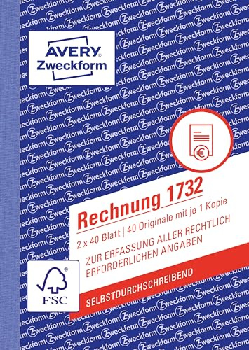 AVERY Zweckform 1732 Rechnung (A6, 2x40 Blatt, selbstdurchschreibend mit farbigem Durchschlag, mit Netto- und Bruttobetrag, MwSt. uvm., zur Erfassung aller rechtlich erforderlichen Angaben) weiß/gelb