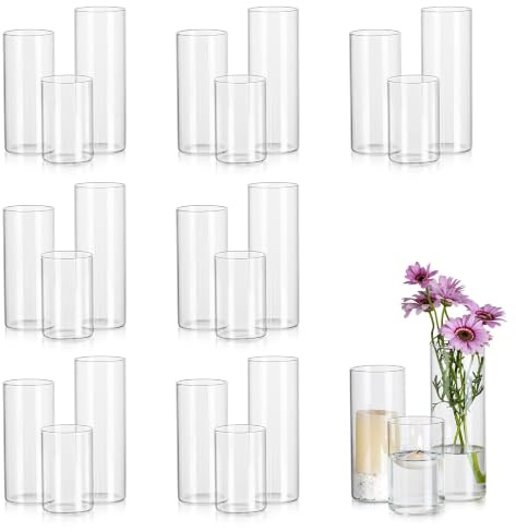 Glasseam Glasvase Zylinder Vase für Tischdeko, 24er Glaszylinder Windlicht | Zylindervasen für Kerzen, Kerzengläser Vasen Modern, Hochzeitdeko, Party, Wohnzimmer, Home, 10/15/20cm H