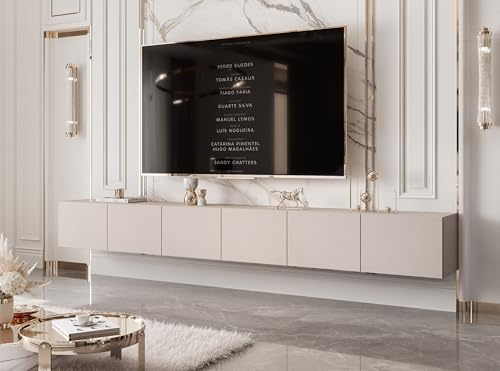 IDOHOME TV Lowboard hängend mit LED und 6 Fächern 300 cm Kaschmir | 300 x 40 x 36 cm, Laminierte Platte, Mehr Stauraum, Push to Open, TV Zubehör, LED Beleuchtung