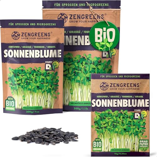 ZenGreens® - Bio Sonnenblumen Samen - Wähle zwischen 10g, 200g und 500g - Sonnenblume mit Keimrate von über 97% - Keimsprossen - Sonnenblumensamen zum Sprossen ziehen - wiederverschließbare Verpackung