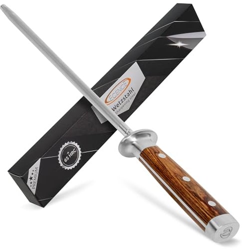 ECENCE Premium Wetzstahl 39cm - Profi-Messerschärfer aus gehärtetem Edelstahl (65 HRC), mit edlem Holzgriff - Schleifstab für Küchenmesser Silber