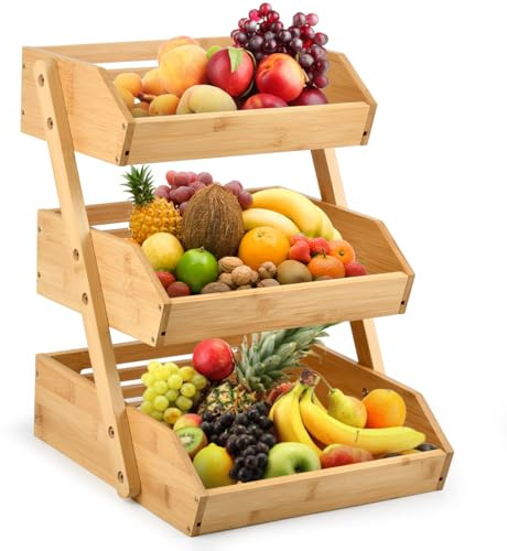 DODUOS Obstkorb Bambus, Obst Etagere 3 Stöckig Obst Etagere Holz, Bambus Obstkorb 3 Etagen Abnehmbarer Obstständer Obstschalenhalter für Theke für Gemüse, Brot, Snack