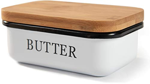 Theo&Cleo Butterdose mit Holzdeckel, Butterglocke für 250 g Butter, Multi-Funktion Butter Dish, Bambusdeckel, Weiß