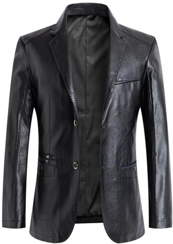 BXCZEDW Herren-Lederblazer, lässiger Revers, normale Passform, 2-Knopf-Jacke, Blazer mit Taschen, Schwarz , L