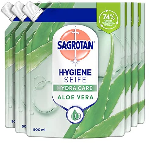 Sagrotan Handseife Nachfüller Aloe Vera – Feuchtigkeitsspendend und stark gegen Bakterien – 6 x 500 ml Handseife