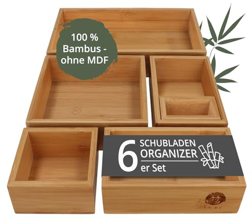 TAKE® 6-teiliges Schubladen Organizer aus 100% Natur Bambus - Boxen in vers. Größen für Küche, Bad & Büro, Schminktisch Organizer Bad, Drawer Organizer