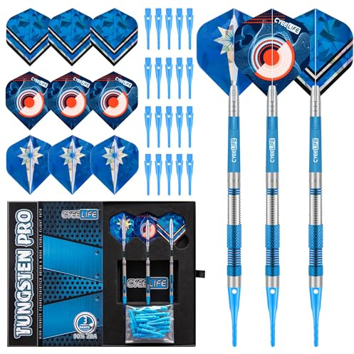 CyeeLife Dartpfeile mit Kunststoffspitze 90% Tungsten 3 Stück 90% Wolfram Soft Darts,Professionelles Darts Set mit Flights, Schäfte und Spitzen (Blau)