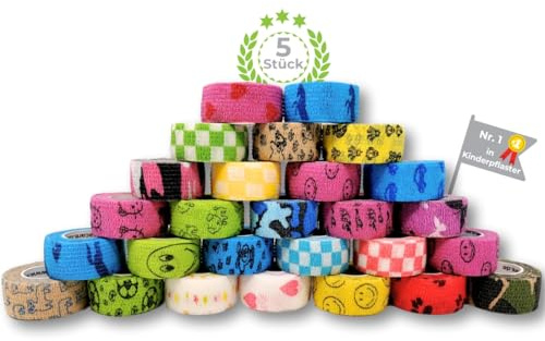 LisaCare Fingerpflaster Selbsthaftend - 5x Pflaster Rolle - selbstklebender Verband Kinder-Motive - Pflaster Kids elastisch & ohne Kleber, 2,5cm breit (5er-Set Motivmix)