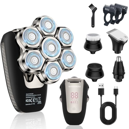 BarberBoss Glatzen Rasierer Herren, Magnetischer Rotationsrasierer, 7D Glatzenrasierer für Männer, 5-in-1 Elektrischer mit LED-Display, Bart- & Nasentrimmer, All-in-One-Gesichtspflege-Kit, QR-2025