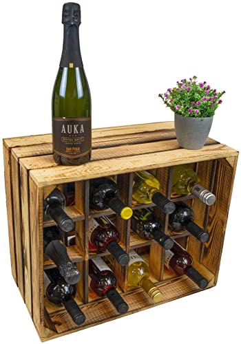 Kistenkolli Altes Land Flaschenregal Henry Holz Geflammt – Weinregal für 12 Flaschen | Stapelbar & Schmal | Rustikales Flaschenregal aus Vollholz | 50 x 40 x 30 cm