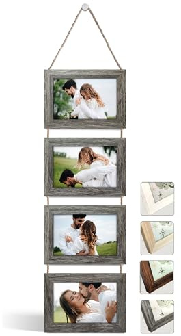NEOWS Bilderrahmen Collage für Mehrere Bilder - Dekorative Bilderrahmenset zum Aufhängen an der Wand - Mehrfach Fotorahmen Hochformat mit Schnur für 10x15 Fotos (Eiche Grau, 4 Horizontale Fotos)