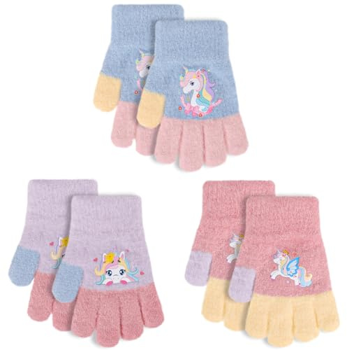 Jupsk Kinder Winterhandschuhe Fingerhandschuhe Gestrickte Vollfinger Warme Einhorn Fäustlinge für Kleinkinder Mädchen 2-5 Jahre, 3 Paare