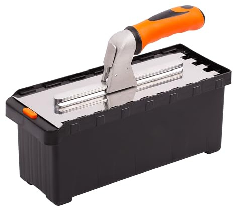 MIVOS Maurerkellen Set mit abnehmbarem Griff und Transportbox - 6, 8, 10, 12mm, U-Typ, Tiger-Typ - 6 Zahnglättekellen - Edelstahl Glättekellen mit Softgriff - Fliesenkelle - Traufel