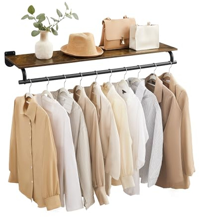SONGMICS Wandgarderobe, Garderobe, Wandregal mit Kleiderstange, Gesamtbelastbarkeit 35 kg, 28 x 109 x 13,2 cm, für Schlafzimmer, Ankleidezimmer, vintagebraun-tintenschwarz HSR135B01
