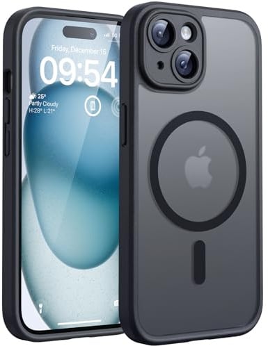 TOCOL für iPhone 15 Hülle für MagSafe, Vollständiger Kameraschutz, Eingebauter Magnetring, Stoßfest Kratzfest Transluzente Matt Handyhülle für iPhone 15 Case 6,1 Zoll, Schwarz