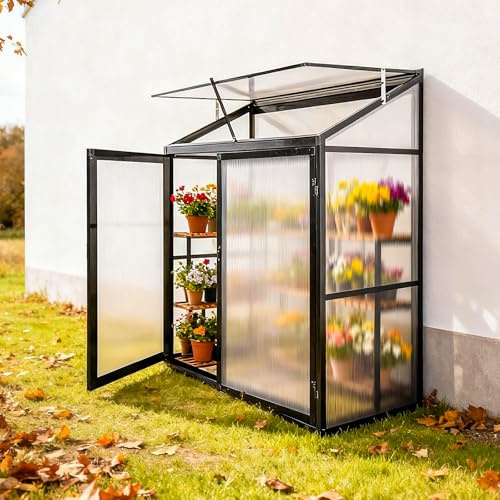 Euboer Aluminium Anlehngewächshaus Beistell Tomatengewächshaus klein Gewächshaus Doppeltür Treibhaus 140x55X130 cm schwarz