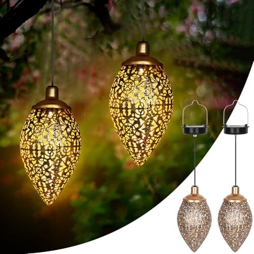CCILAND Solarlampen für Außen Hängend 2 Stück Metall Solarlaterne | Warmweiß LED Automatik Ein-/Aus IP65 Wasserdicht Metallgehäuse Hängend Wetterfest für Garten, Balkon, Rasen und Outdoor Deko