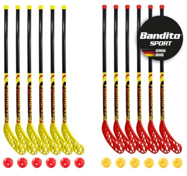 Bandito FunHockey Schlägerset inkl. Bälle für Kinder, Floorball für Garten, Floorball Stick, Streethockey Outdoor, Linkshänder, Rechtshänder, 12 Bälle und Schläger, rot und gelb
