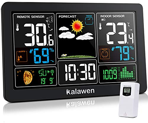 Kalawen Wetterstation mit Außensensor Innen und Außen 9-IN-1 Wireless Digital Wecker Barometer Weather Station Temperatur-Feuchtigkeits-Monitor Wettervorhersage für Zuhause Hausgarten Büro