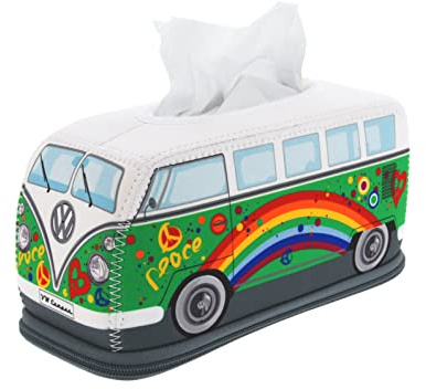 BRISA VW Collection - T1 Bulli Bus Kosmetiktuchspender Taschentuchbox | Volkswagen Tissue Box für ausgepackte Feuchttücher, Servietten, Wiederbefüllbar Robust für Esstisch Bad Camping, Peace/Grün