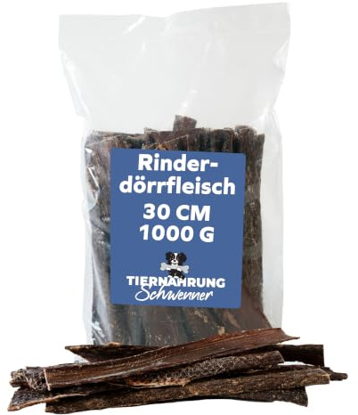 Tiernahrung Schwenner Rinderdörrfleisch Hunde, getrocknet, 1000g, 30cm | Hundeleckerli Trockenfleisch, Kaustangen aus Deutschland, Trainingsleckerli, naturbelassen