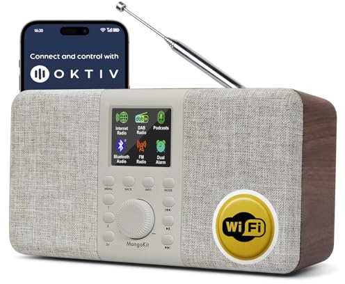 MangoKit SR20 Stereo Internetradio WLAN, DAB Radio mit Bluetooth, DAB Plus Radios, Digitalradio, UKW Internet Radio, Küchenradio, Podcast Player, App Fernsteuerung, Farbdisplay,Doppelalarm-Walnuss
