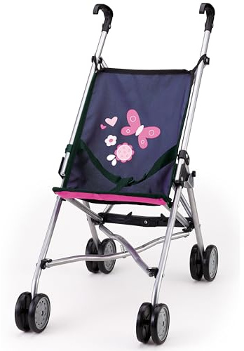 Bayer Design 30113AA Puppenbuggy, Puppenwagen, Doppelräder, Gurt, leicht faltbar, aus Metall, Blau/Pink