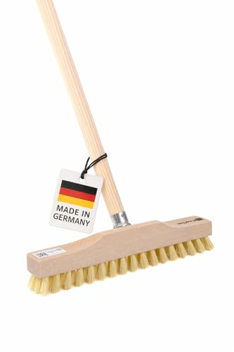 BawiTec Schrubber, Rheinischer Wischer, 28cm Breit, mit Holzstiel 120cm, Bodenschrubber mit Metallgewinde, Buchenholzkörper, MyprenFibre-Borsten, Haushaltsschrubber für Innen- und Außenbereich