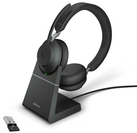 Jabra Evolve2 65 Wireless PC Headset with Charging Stand – Noise Cancelling UC Certified Stereo Headphones with Long-Lasting Battery – USB-A Bluetooth Adapter – Black